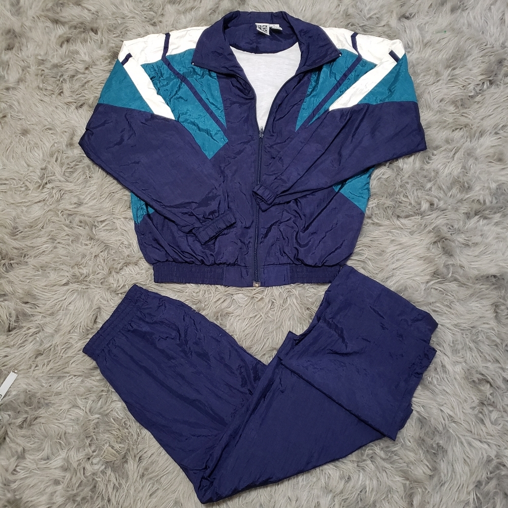 Vintage 80s 90s Active Wear Tracksuit Blue Green
